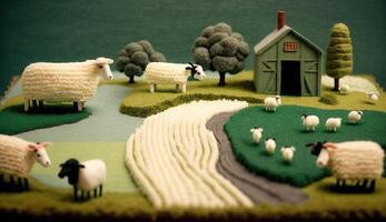 , cute farm landscape made of crochet with trees, river, green grass, farm animals. Dreamy agricultural scene made of wool materials, fabric, yarn, sewing for background photo