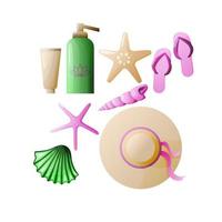 Set of summer beach objects. Straw hat, flip-flops, slippers, shells, starfish, sunscreen. Vector illustration in a flat style.