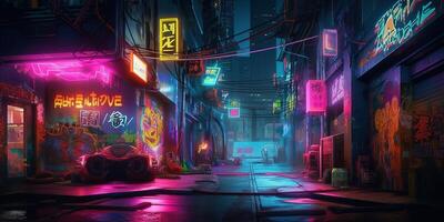 , Night scene of after rain city in cyberpunk style, futuristic nostalgic 80s, 90s. Neon lights vibrant colors, photorealistic horizontal illustration. photo