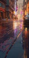 , Night scene of after rain city in cyberpunk style, futuristic nostalgic 80s, 90s. Neon lights vibrant colors, photorealistic vertical illustration. photo