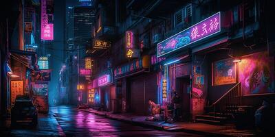 , Night scene of after rain city in cyberpunk style, futuristic nostalgic 80s, 90s. Neon lights vibrant colors, photorealistic horizontal illustration. photo