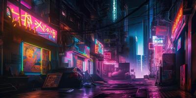 , Night scene of after rain city in cyberpunk style, futuristic nostalgic 80s, 90s. Neon lights vibrant colors, photorealistic horizontal illustration. photo