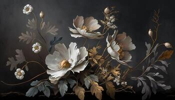 , Close up of blooming flowerbeds of amazing white and golden flowers on dark moody floral textured background. Photorealistic effect. photo