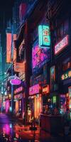 , Night scene of after rain city in cyberpunk style, futuristic nostalgic 80s, 90s. Neon lights vibrant colors, photorealistic vertical illustration. photo