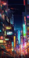 , Night scene of after rain city in cyberpunk style, futuristic nostalgic 80s, 90s. Neon lights vibrant colors, photorealistic vertical illustration. photo