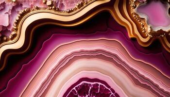 , natural volcanic agate stones close-up pink magenta and golden texture. Wallpaper background, quartz marble, decorative rock pattern photo