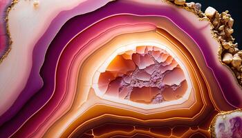 , natural volcanic agate stones close-up pink magenta and golden texture. Wallpaper background, quartz marble, decorative rock pattern photo