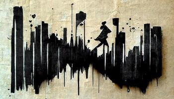 , Ink black street graffiti art on a textured paper vintage background, inspired by Banksy. photo