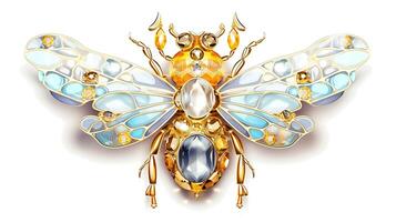 , beautiful honey bee brooch, opal stone and golden color palette isolated on white background. Bijouterie, jewelry close up photo