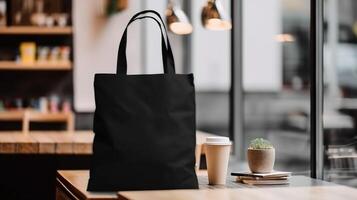 , Realistic black tote canvas fabric bag set-up in at cafe, coffee shop interior, mock up blank. photo
