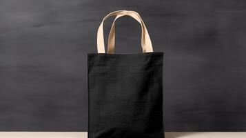 , Realistic black tote canvas fabric bag set-up in at home interior, mug mock up blank. photo