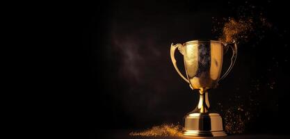 , Winner trophy with flames, golden champion cup with falling confetti on dark background photo