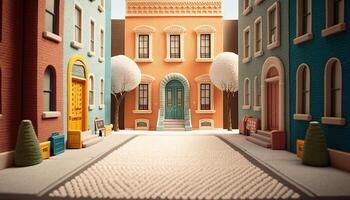 , cute street made of crochet, houses, trees, road, cars. Soft colors, dreamy scene cityscape made of crochet materials, wool, fabric, yarn, sewing for background photo