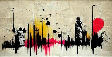 , Ink black street graffiti art on a textured paper vintage background, inspired by Banksy. photo