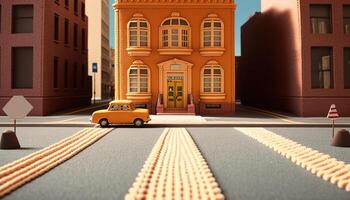 , cute street made of crochet, houses, trees, road, cars. Soft colors, dreamy scene cityscape made of crochet materials, wool, fabric, yarn, sewing for background photo