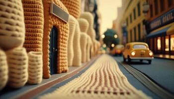 , cute street made of crochet, houses, trees, road, cars. Soft colors, dreamy scene cityscape made of crochet materials, wool, fabric, yarn, sewing for background photo