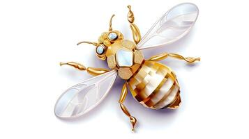 , beautiful honey bee brooch, opal stone and golden color palette isolated on white background. Bijouterie, jewelry close up photo