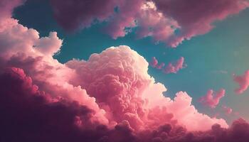 , Pink magenta fantastic clouds, sky and landscape. Gentle colors and with bright lights photo