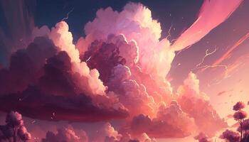 , Pink magenta fantastic clouds, sky and landscape. Gentle colors and with bright lights photo