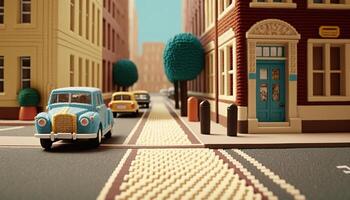 , cute street made of crochet, houses, trees, road, cars. Soft colors, dreamy scene cityscape made of crochet materials, wool, fabric, yarn, sewing for background photo