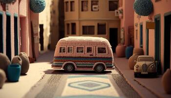 , cute street made of crochet, houses, trees, road, cars. Soft colors, dreamy scene cityscape made of crochet materials, wool, fabric, yarn, sewing for background photo