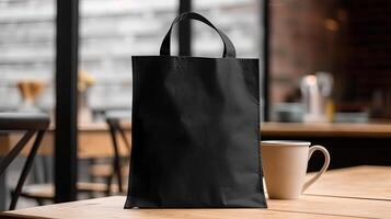 , Realistic black tote canvas fabric bag set-up in at home interior, mug mock up blank. photo