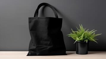 , Realistic black tote canvas fabric bag set-up in at home interior, mug mock up blank. photo