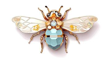 , beautiful honey bee brooch, opal stone and golden color palette isolated on white background. Bijouterie, jewelry close up photo