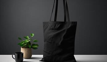 , Realistic black tote canvas fabric bag set-up in at home interior, mug mock up blank. photo