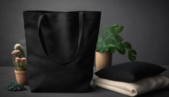 , Realistic black tote canvas fabric bag set-up in at home interior, mug mock up blank. photo