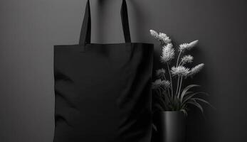 , Realistic black tote canvas fabric bag set-up in at home interior, mug mock up blank. photo