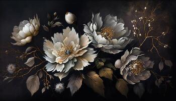 , Close up of blooming flowerbeds of amazing white and golden flowers on dark moody floral textured background. Photorealistic effect. photo
