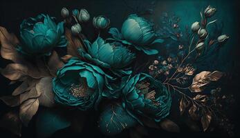 , Close up of blooming flowerbeds of amazing teal flowers on dark moody floral textured background. Photorealistic effect. photo