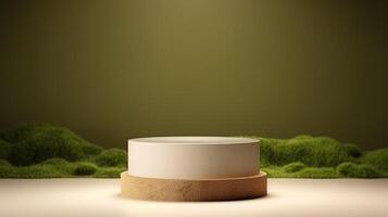 , product beige minimal scene with geometric podium platform and moss plants, mock up stand for cosmetic products. photo