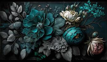 , Close up of blooming flowerbeds of amazing teal flowers on dark moody floral textured background. Photorealistic effect. photo