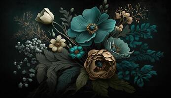 , Close up of blooming flowerbeds of amazing teal flowers on dark moody floral textured background. Photorealistic effect. photo