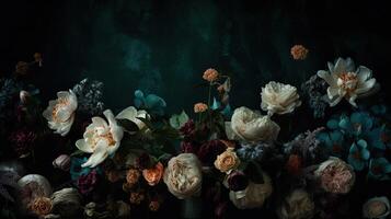 , Close up of blooming flowerbeds of amazing teal flowers on dark moody floral textured background. Photorealistic effect. photo