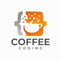 Simple digital pixel coffee coding logo design. Modern technology code logo. vector