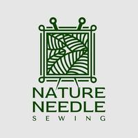 Clásico naturaleza aguja logo diseño vector. verde hoja de coser vestir logo marca. vector