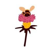 Flower with cute bee cartoon and heart isolated on white background vector illustration.