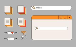 Retro vaporwave old computer ui elements, 90s, nostalgic pc icons, button with heart, search pannel. Groovy 80s window aesthetic vector