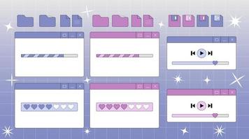 Retrowave popup user interface elements with and without hearts, vector illustration of UI and UX. Retro browser computer window in 90s vaporwave style