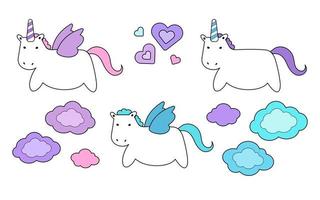 Cute unicorn and pegasus set, clouds and hearts, doodle vector illustration