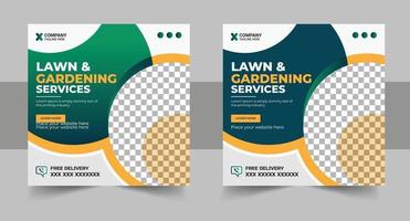 Farm management template vector with green and yellow colors. Lawn and gardening service web banner design for social media marketing. Agro farm service social media post vector