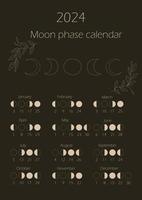 Moon phases calendar 2024. Waning gibbous, Waxing crescent, New moon, Full moon with dates. vector