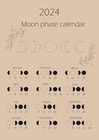 Moon phases calendar 2024. Waning gibbous, Waxing crescent, New moon, Full moon with dates. vector