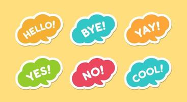 Cute speech bubble with short phrases hello, bye, yes, no, yay, cool icon set. Simple flat vector illustration.