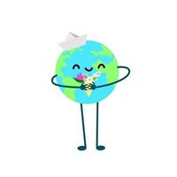 Cute Earth character in paper hat. Ecology flat illustration. Smiling planet with flowers. Friendly symbol of global environment. vector