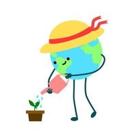 Go green. Cute Earth character plants tree. Save planet. Happy planet protects our ecology vector