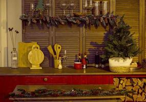 Part of the kitchen interior with Christmas decorations. photo